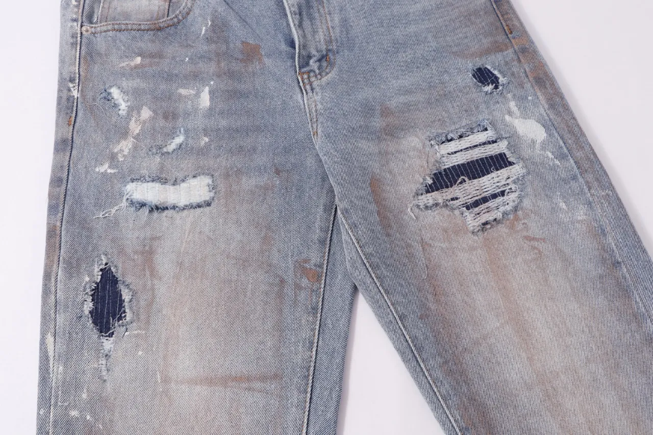 672#Gallery Dept New style distressed vintage dirty wind splashed paint holes pierced washed small straight legged jeans American high street casual trousers washed blue S～XL P250